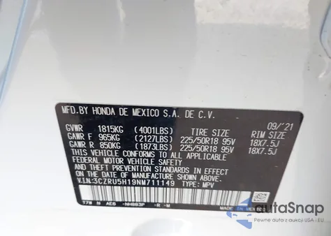 2022 Honda Hr-V 2Wd Sport from USA, damaged, VIN 3CZRU5H19NM711149